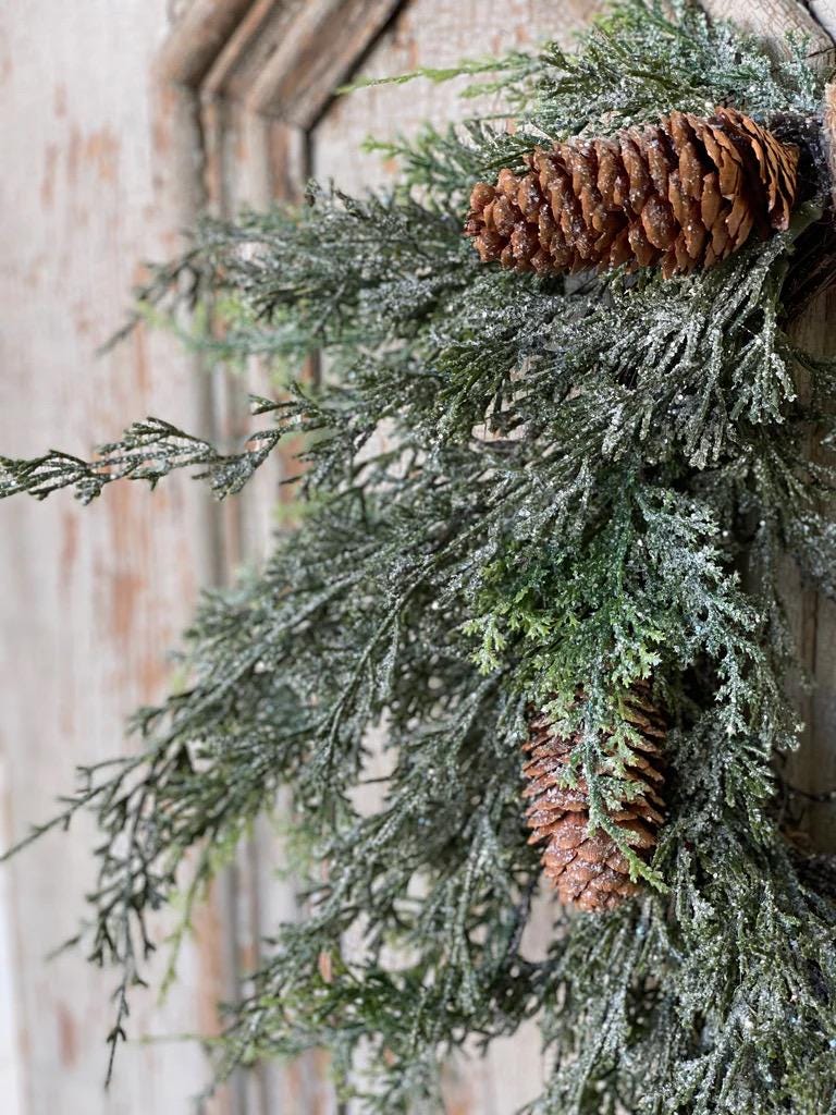 Cedar Thread Winter Wreath | Rustic Wreath | Cedar Wreath Faux | Farmhouse Winter Wreath | Front Door Wreath for Winter | Wreath Base