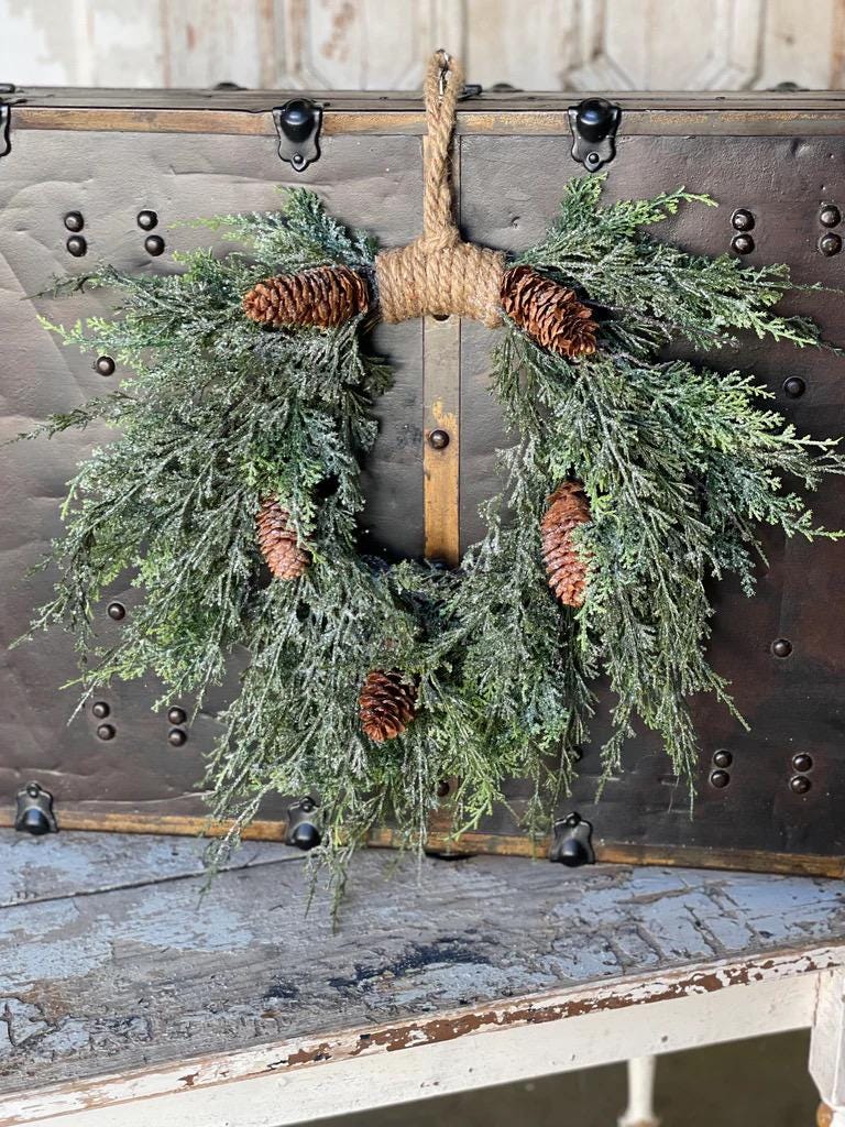 Cedar Thread Winter Wreath | Rustic Wreath | Cedar Wreath Faux | Farmhouse Winter Wreath | Front Door Wreath for Winter | Wreath Base