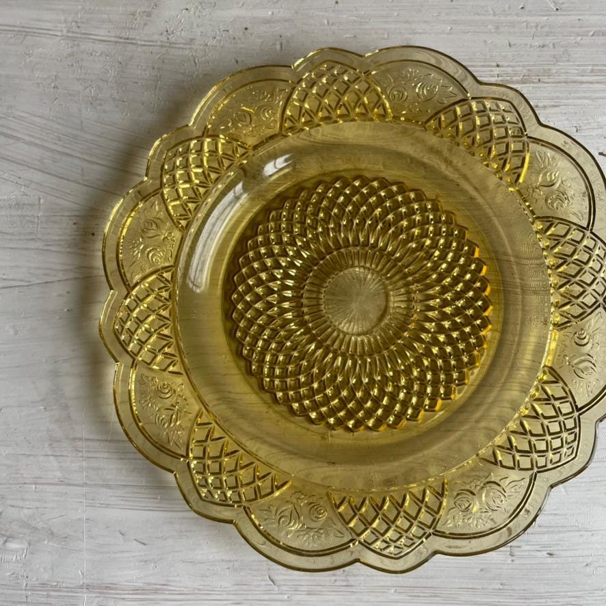 Mayfair Open Rose Dinner Plate | 1930s Hocking Glass | Vintage Yellow Depression Glass