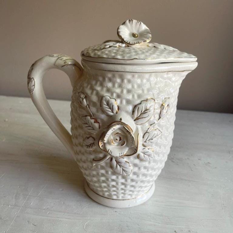 Vintage Japanese Lidded Pitcher - Raised Roses - Cottagecore