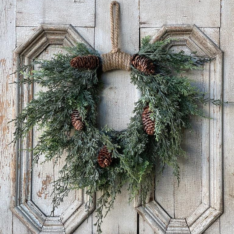 Cedar Thread Winter Wreath | Rustic Wreath | Cedar Wreath Faux | Farmhouse Winter Wreath | Front Door Wreath for Winter | Wreath Base