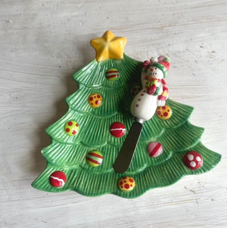 Fitz & Floyd Christmas Snowflake and Jake Tree Snack Plate | Vintage Christmas Kitchen | Holiday Entertaining | Christmas Cheese Plate