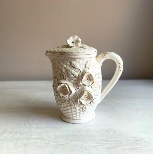 Vintage Japanese Lidded Pitcher - Raised Roses - Cottagecore