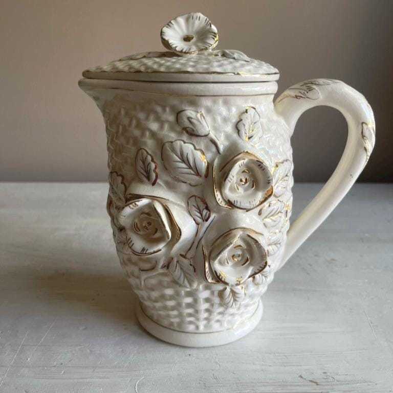 Vintage Japanese Lidded Pitcher - Raised Roses - Cottagecore