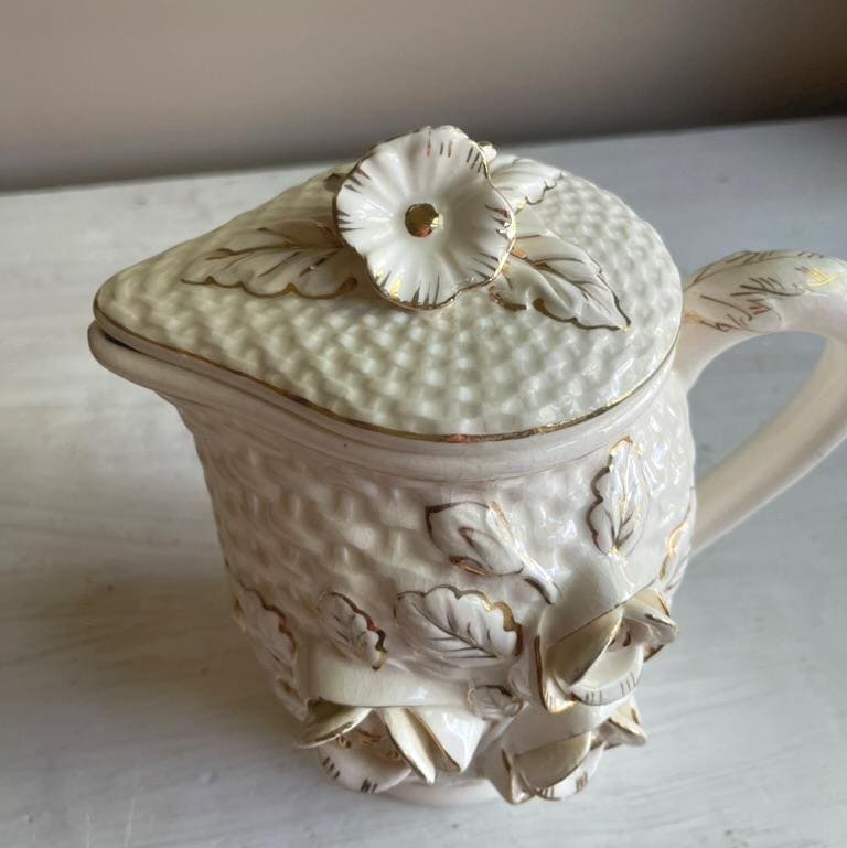 Vintage Japanese Lidded Pitcher - Raised Roses - Cottagecore