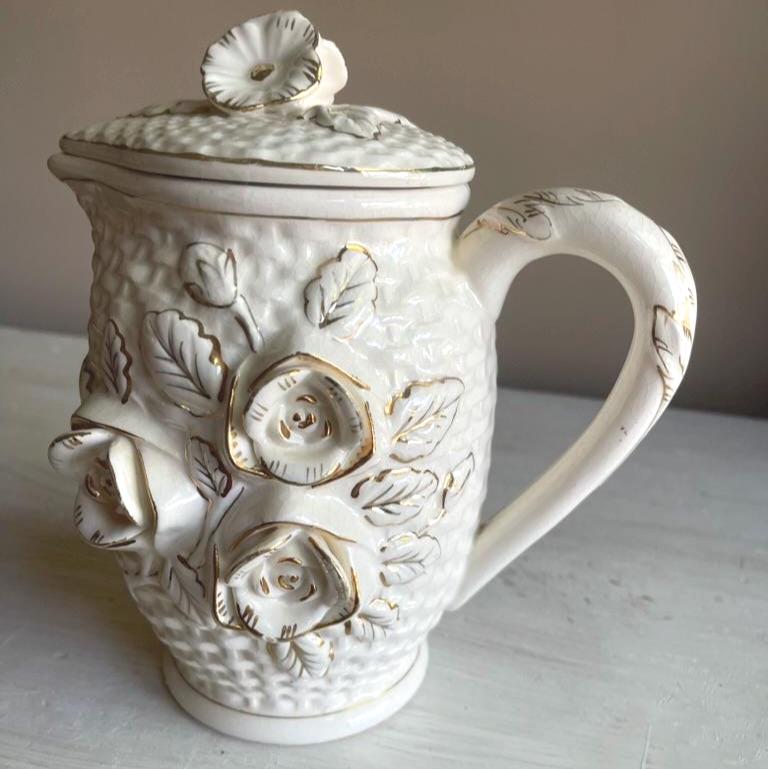 Vintage Japanese Lidded Pitcher - Raised Roses - Cottagecore