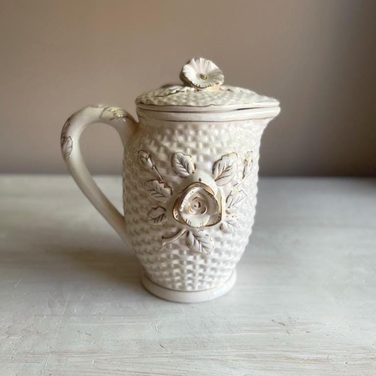 Vintage Japanese Lidded Pitcher - Raised Roses - Cottagecore