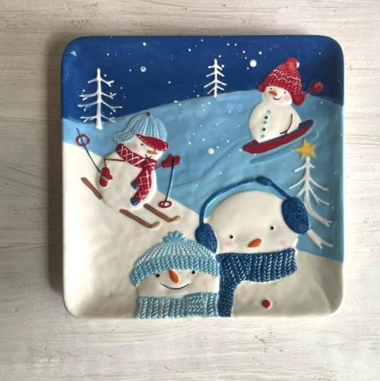 Vintage Let it Snow Snowman Platter | St Nicholas Square | Snowman Cookie Plate | Snowman Cookie Platter | Square Plate