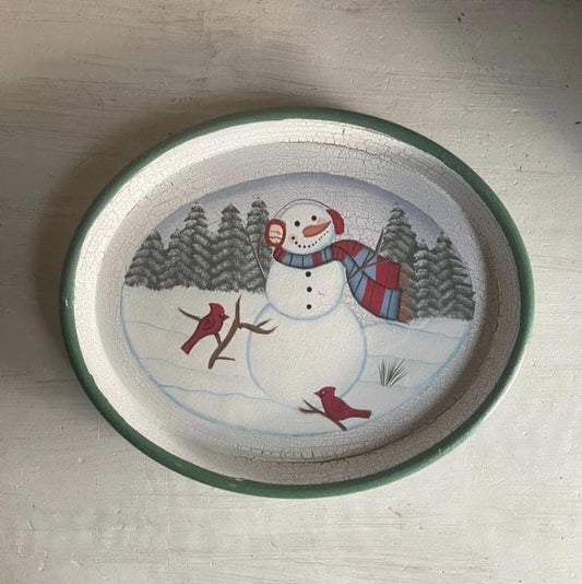 Vintage Snowman Christmas Platter: Hand-Painted Wooden Holiday Tray