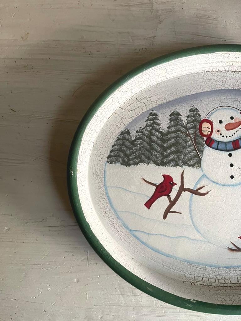 Vintage Snowman Christmas Platter: Hand-Painted Wooden Holiday Tray