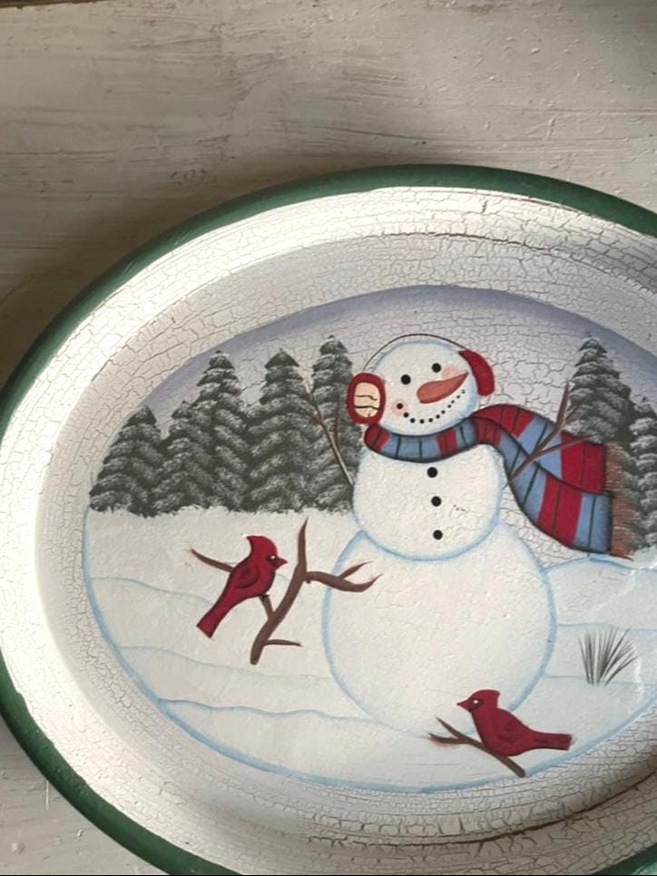 Vintage Snowman Christmas Platter: Hand-Painted Wooden Holiday Tray