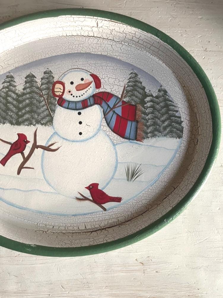 Vintage Snowman Christmas Platter: Hand-Painted Wooden Holiday Tray