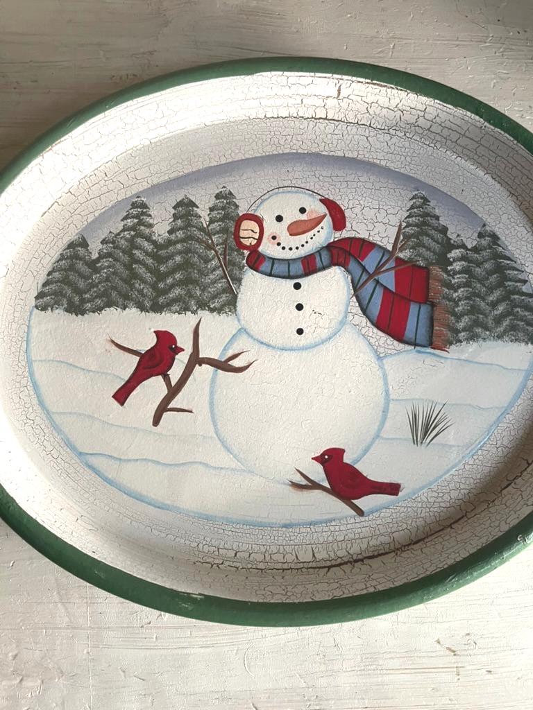 Vintage Snowman Christmas Platter: Hand-Painted Wooden Holiday Tray