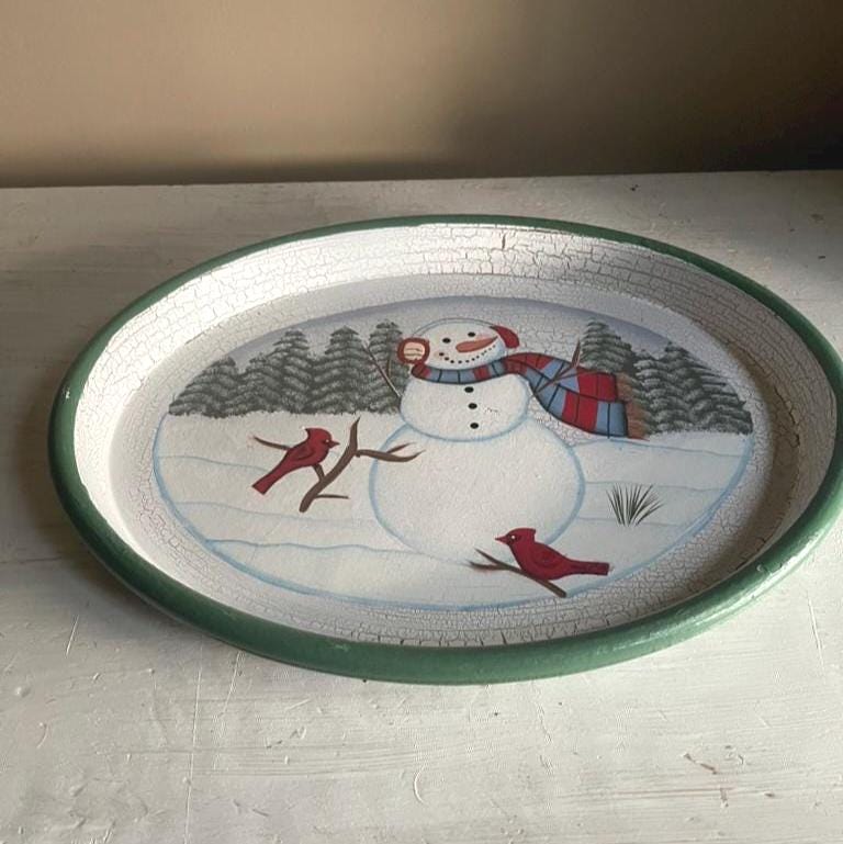 Vintage Snowman Christmas Platter: Hand-Painted Wooden Holiday Tray