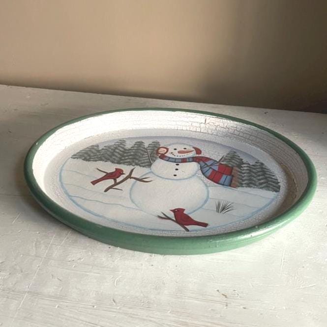 Vintage Snowman Christmas Platter: Hand-Painted Wooden Holiday Tray