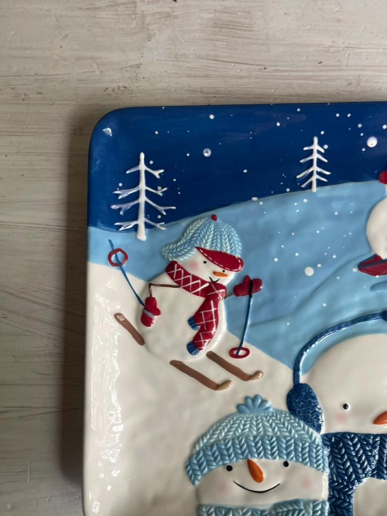 Vintage Let it Snow Snowman Platter | St Nicholas Square | Snowman Cookie Plate | Snowman Cookie Platter | Square Plate