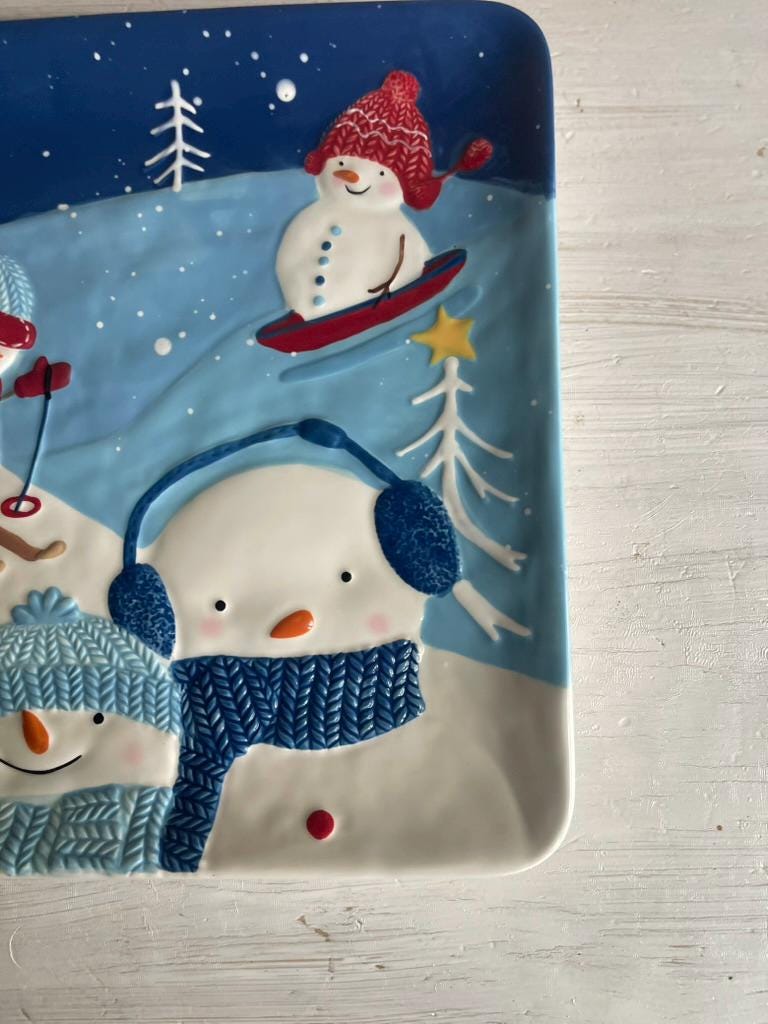 Vintage Let it Snow Snowman Platter | St Nicholas Square | Snowman Cookie Plate | Snowman Cookie Platter | Square Plate