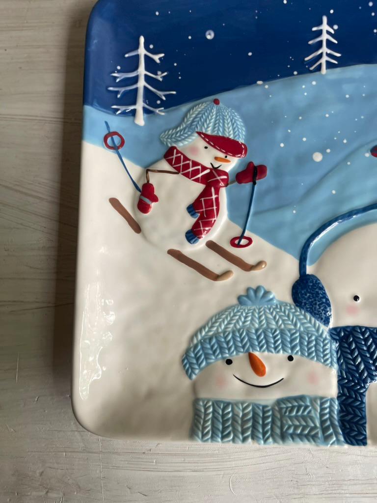 Vintage Let it Snow Snowman Platter | St Nicholas Square | Snowman Cookie Plate | Snowman Cookie Platter | Square Plate