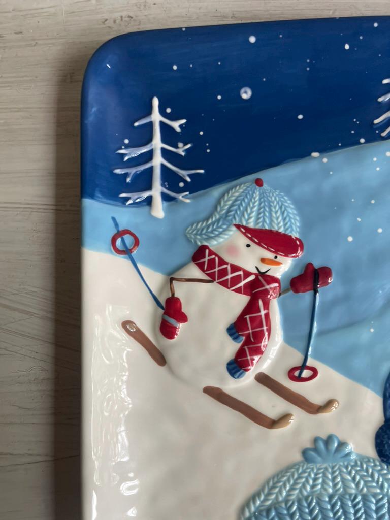 Vintage Let it Snow Snowman Platter | St Nicholas Square | Snowman Cookie Plate | Snowman Cookie Platter | Square Plate