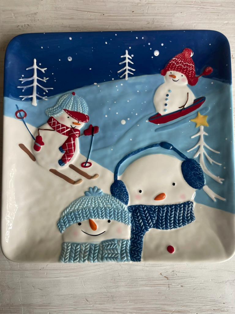 Vintage Let it Snow Snowman Platter | St Nicholas Square | Snowman Cookie Plate | Snowman Cookie Platter | Square Plate