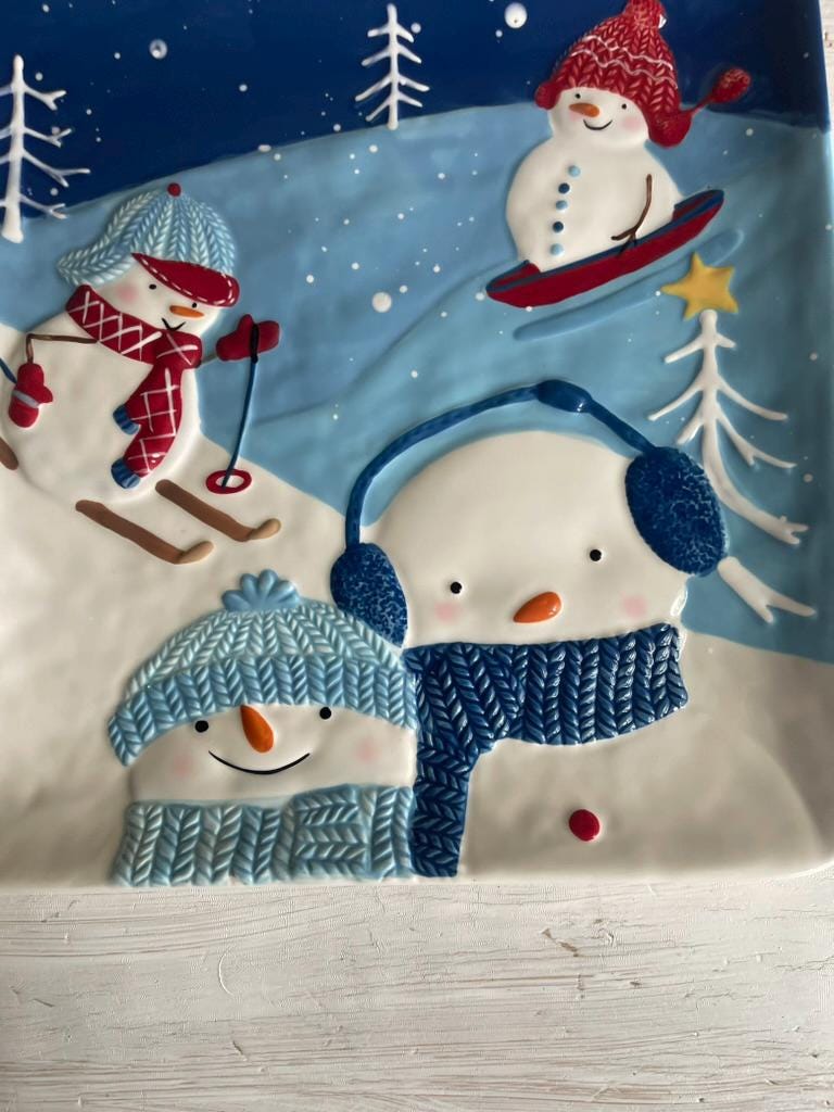 Vintage Let it Snow Snowman Platter | St Nicholas Square | Snowman Cookie Plate | Snowman Cookie Platter | Square Plate
