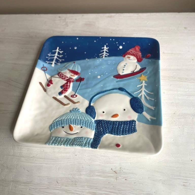 Vintage Let it Snow Snowman Platter | St Nicholas Square | Snowman Cookie Plate | Snowman Cookie Platter | Square Plate