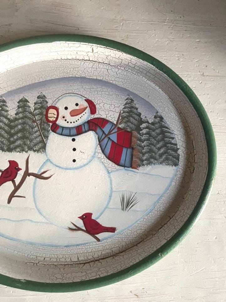 Vintage Snowman Christmas Platter: Hand-Painted Wooden Holiday Tray