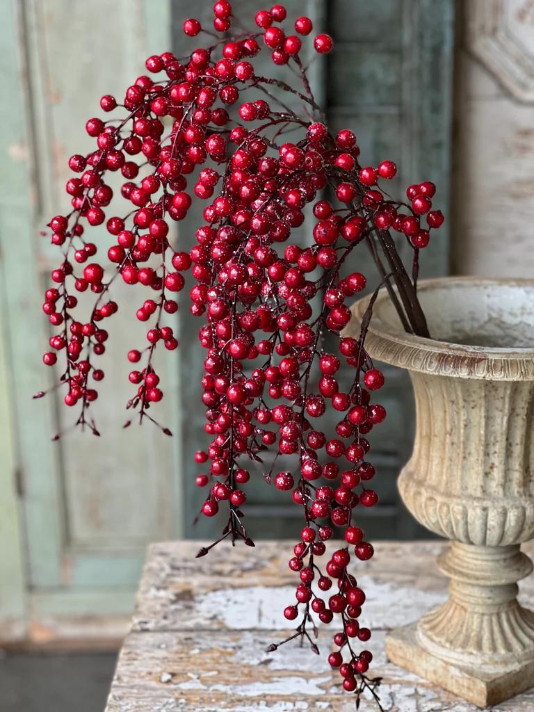 Faux Red Iced Weatherproof Hanging Berry - 18 Inch Outdoor Christmas Florals