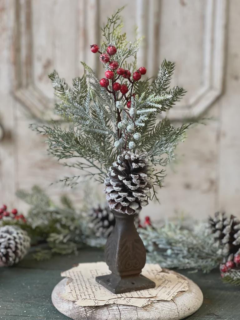 Snow Covered Pine Pick: Red Berries, Christmas Winter Wreath Supply