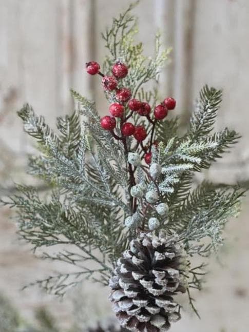 Snow Covered Pine Pick: Red Berries, Christmas Winter Wreath Supply