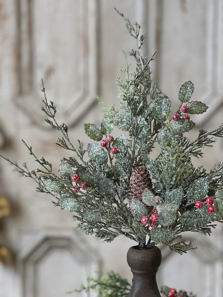 Snow Covered Pine Pick with Berries & Pinecone: High Quality Christmas Greenery