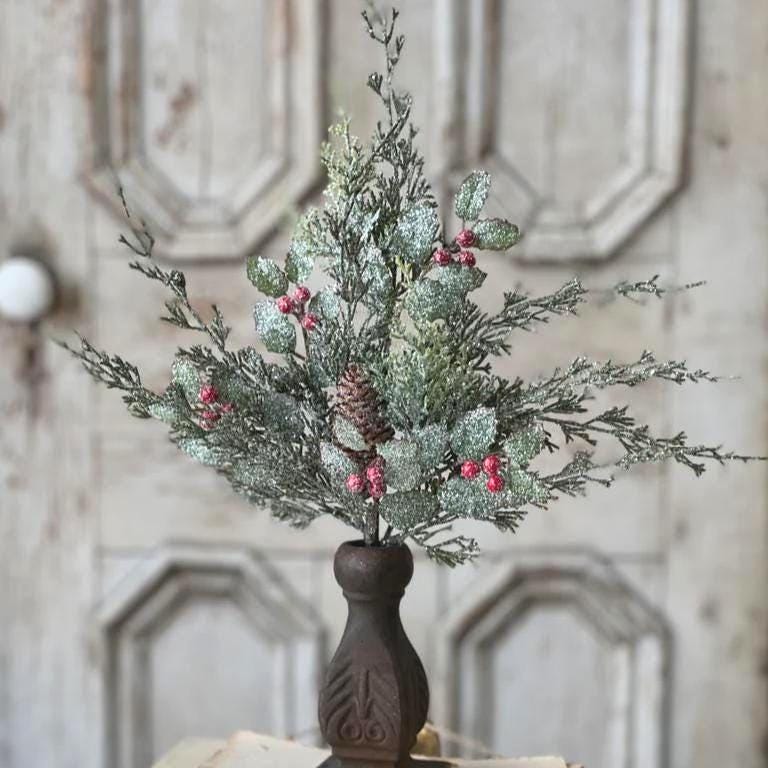 Snow Covered Pine Pick with Berries & Pinecone: High Quality Christmas Greenery