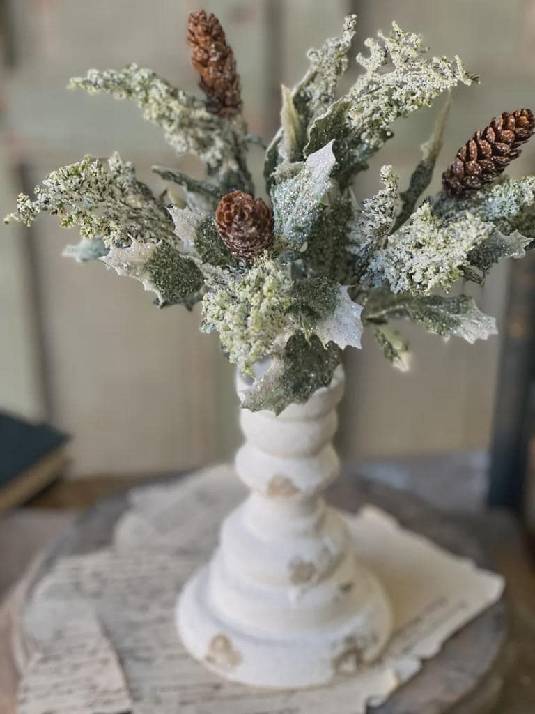 Snow Covered Pine & Holly Pick: 12-inch Christmas Greenery