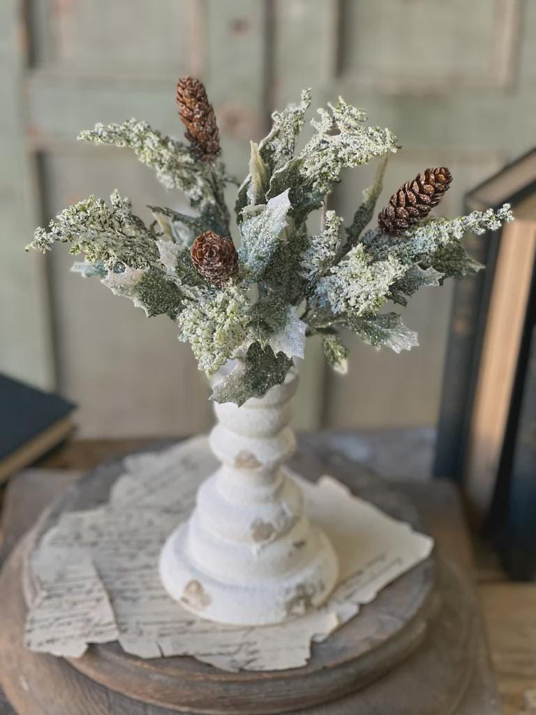 Snow Covered Pine & Holly Pick: 12-inch Christmas Greenery