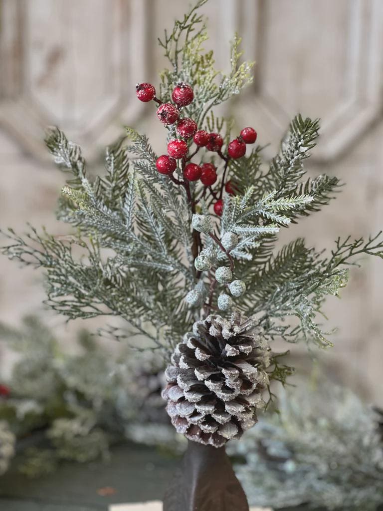 Snow Covered Pine Pick: Red Berries, Christmas Winter Wreath Supply