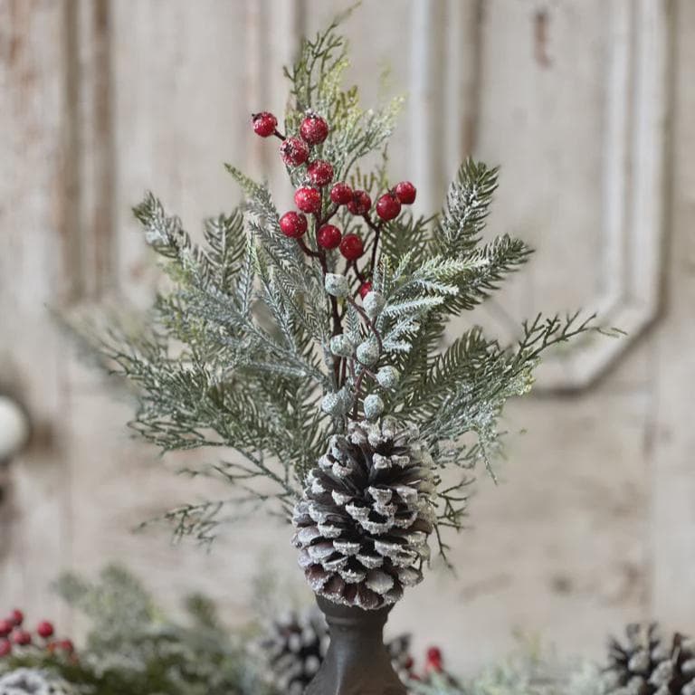 Snow Covered Pine Pick: Red Berries, Christmas Winter Wreath Supply