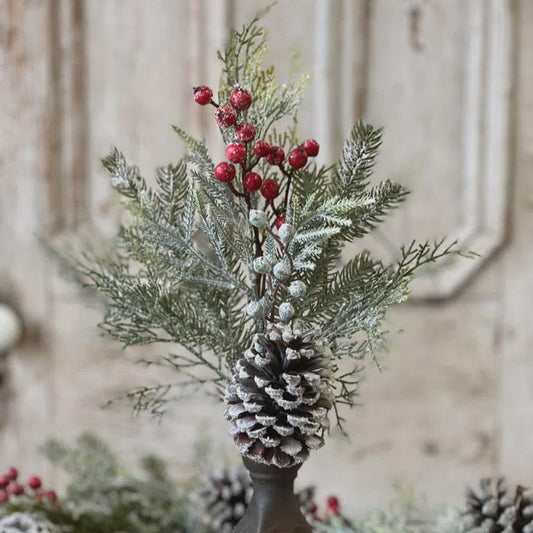 Snow Covered Pine Pick: Red Berries, Christmas Winter Wreath Supply