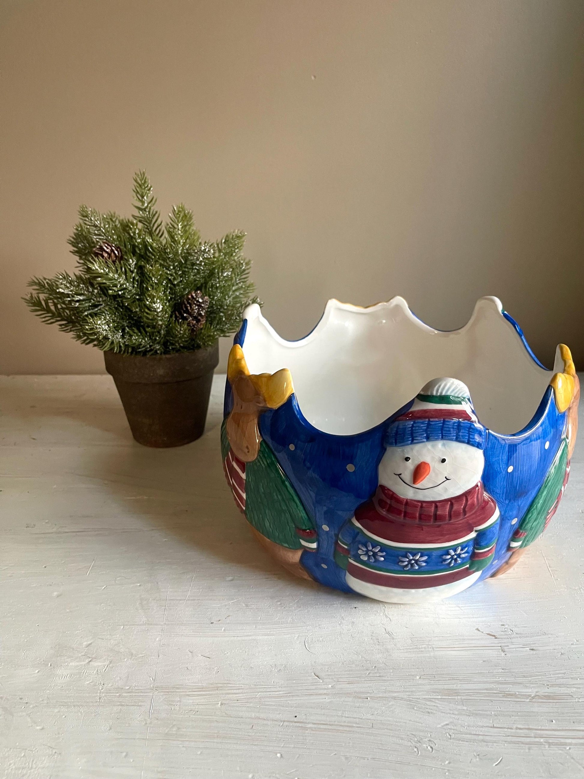 St Nicholas Square 1999 Snowman Bowl | Vintage Christmas Serving Dish 9"
