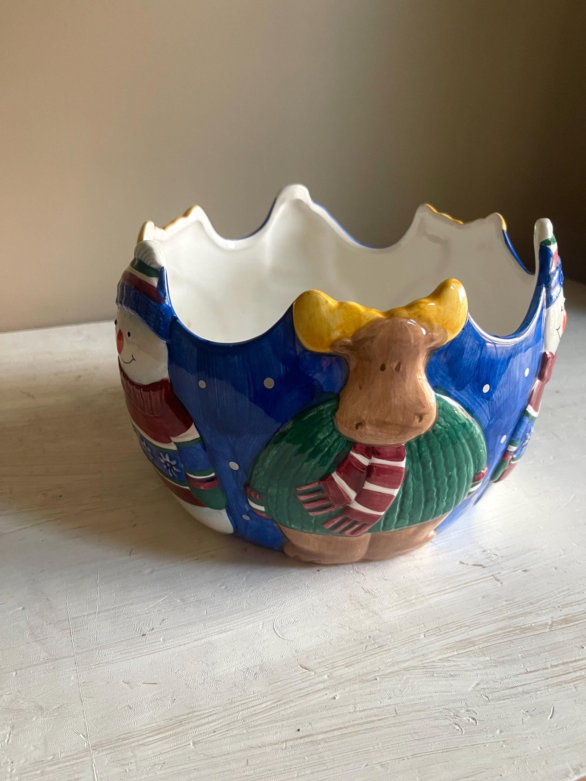 St Nicholas Square 1999 Snowman Bowl | Vintage Christmas Serving Dish 9"