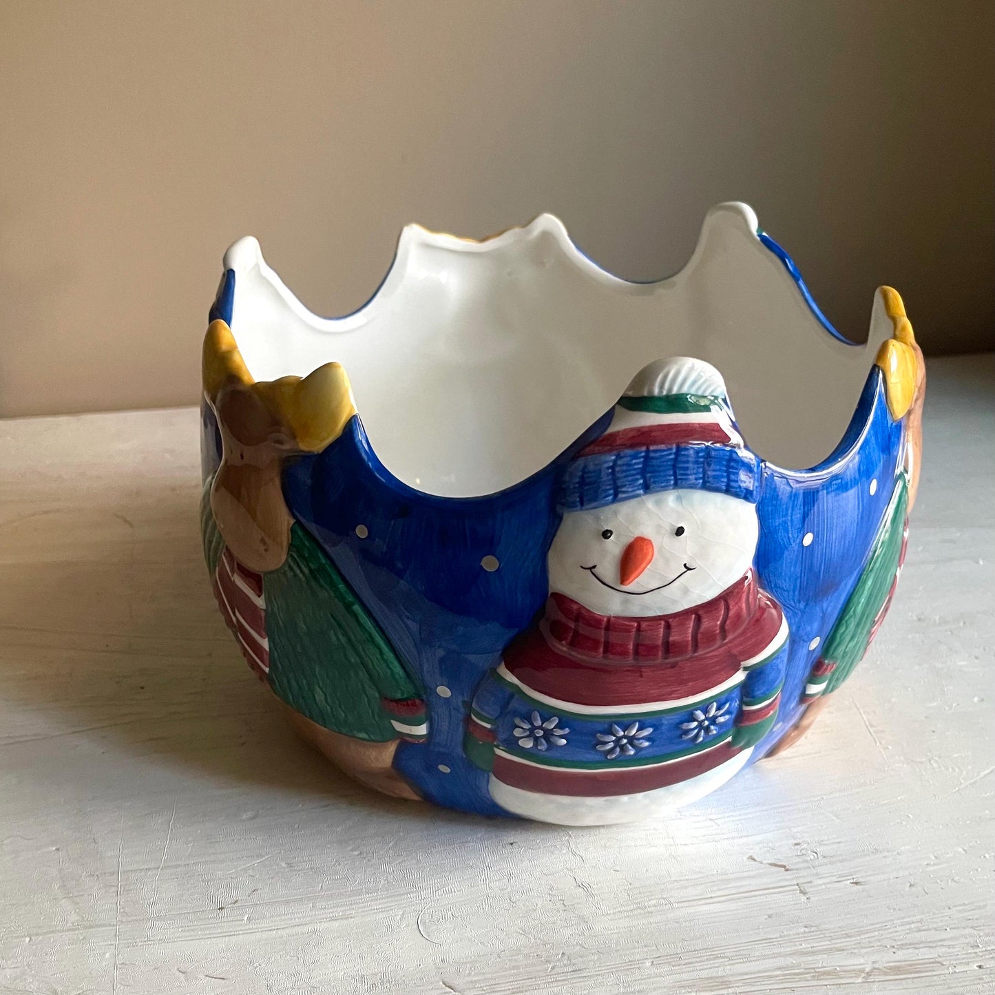 St Nicholas Square 1999 Snowman Bowl | Vintage Christmas Serving Dish 9"