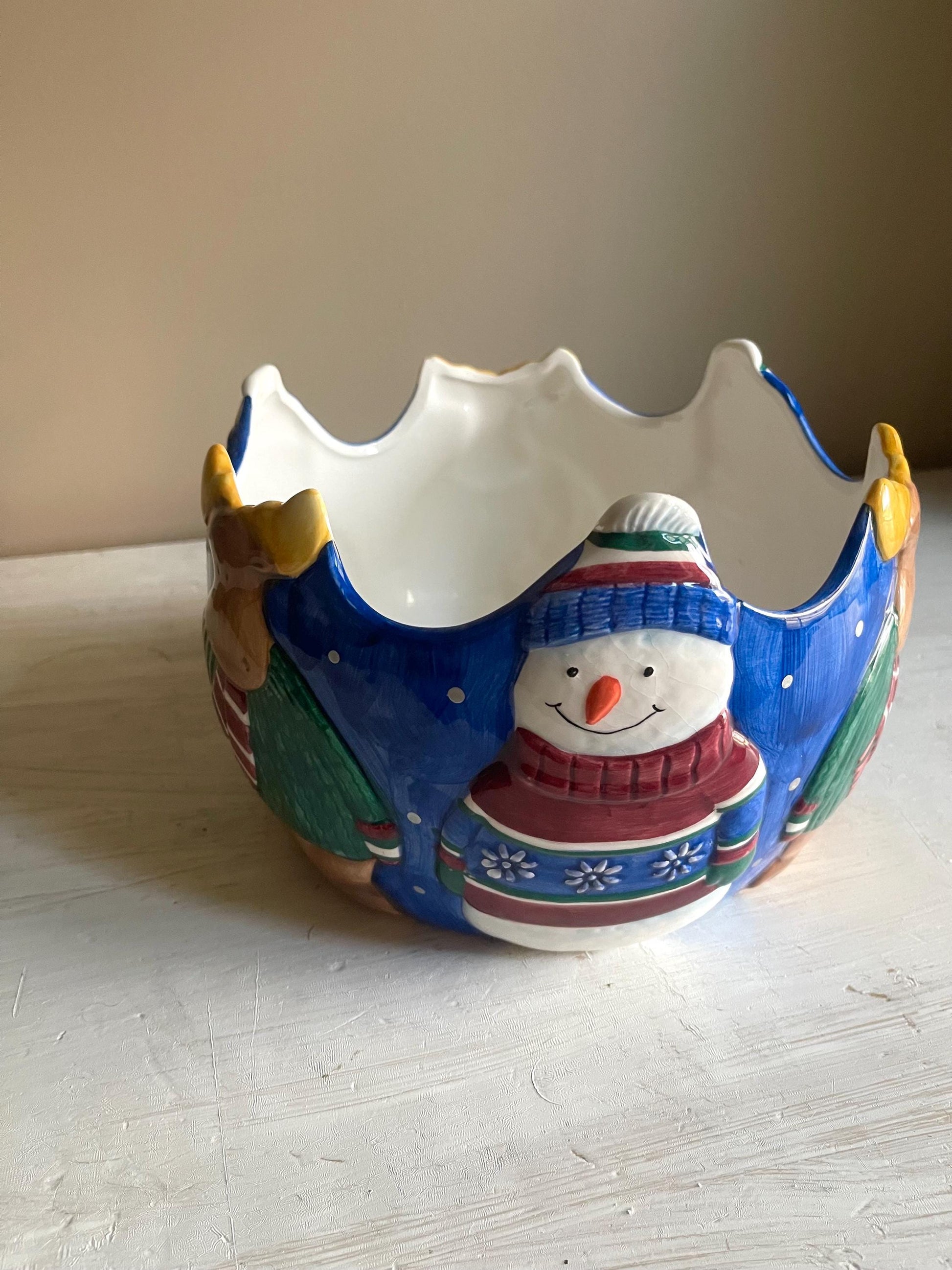 St Nicholas Square 1999 Snowman Bowl | Vintage Christmas Serving Dish 9"