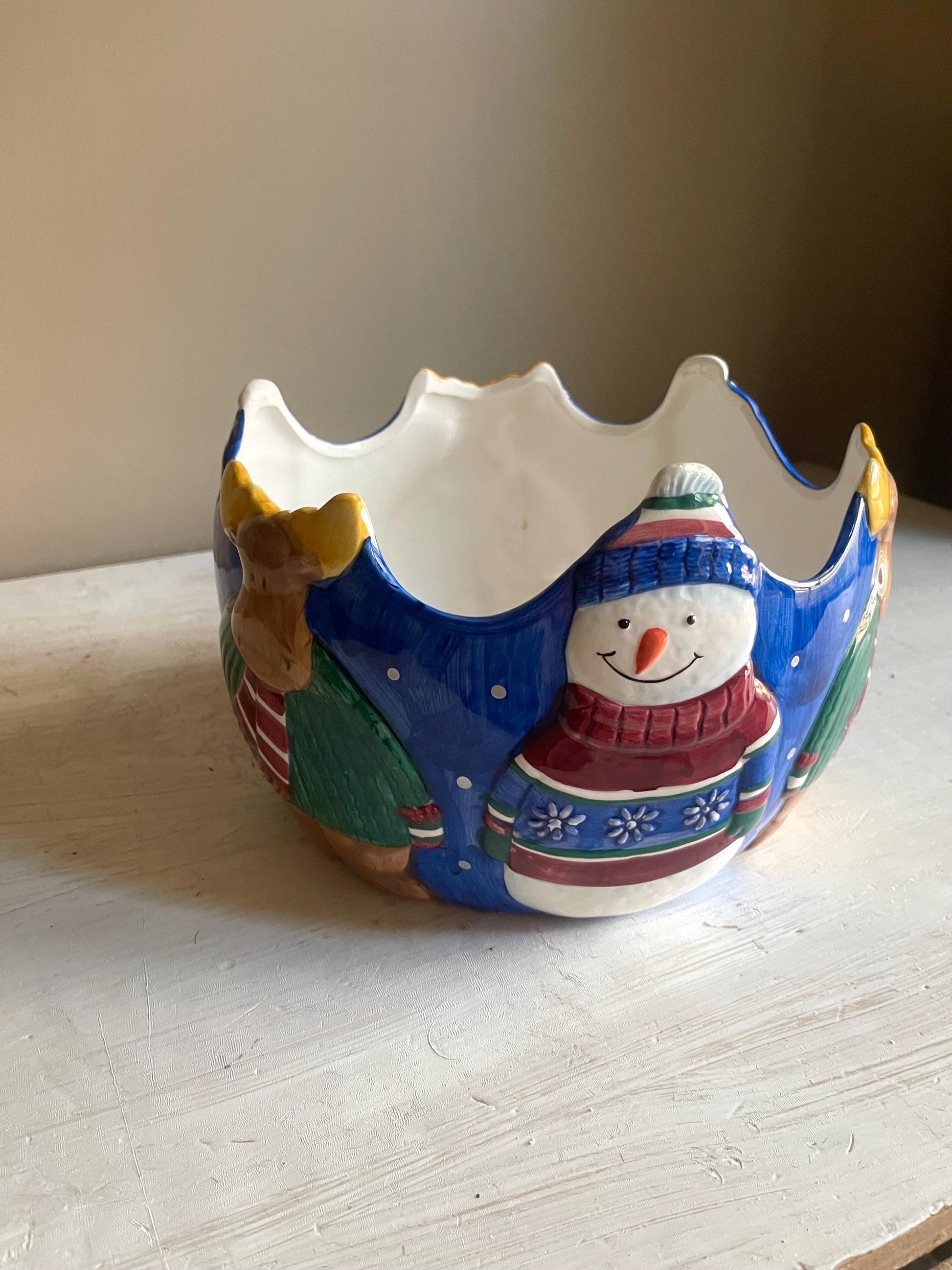 St Nicholas Square 1999 Snowman Bowl | Vintage Christmas Serving Dish 9"