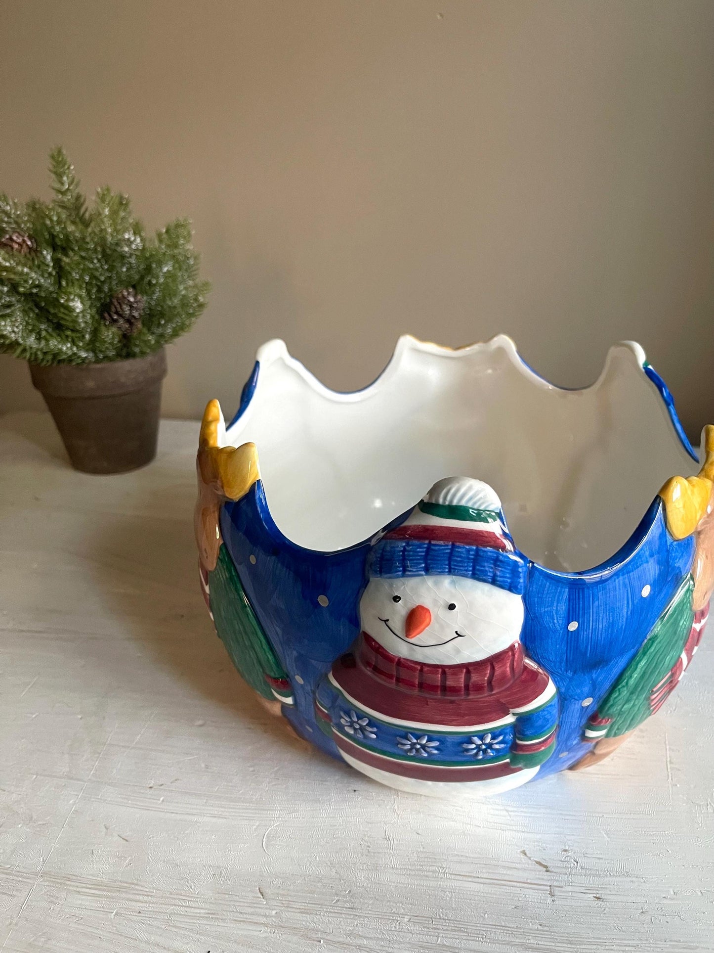 St Nicholas Square 1999 Snowman Bowl | Vintage Christmas Serving Dish 9"