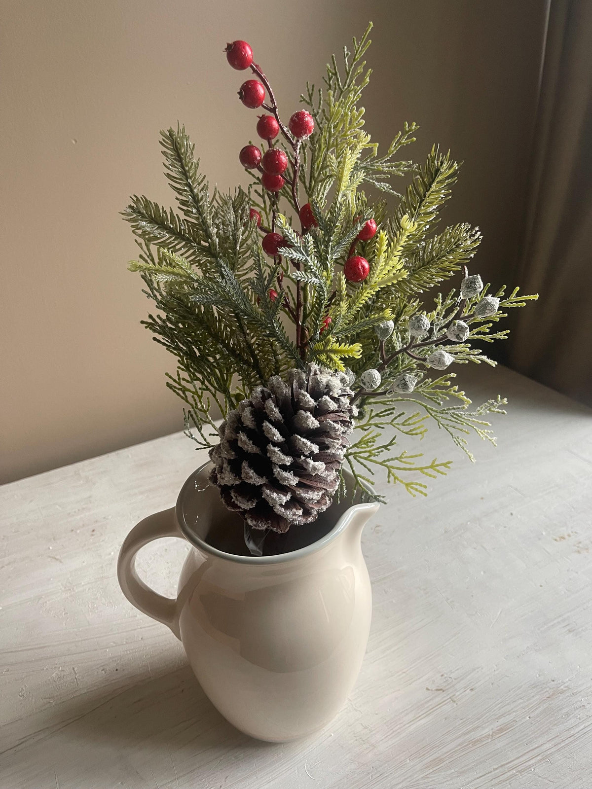 Snow Covered Pine Pick: Red Berries, Christmas Winter Wreath Supply