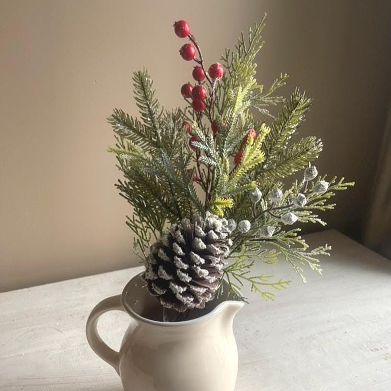 Snow Covered Pine Pick: Red Berries, Christmas Winter Wreath Supply