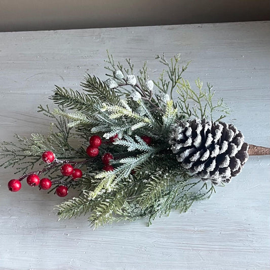 Snow Covered Pine Pick: Red Berries, Christmas Winter Wreath Supply