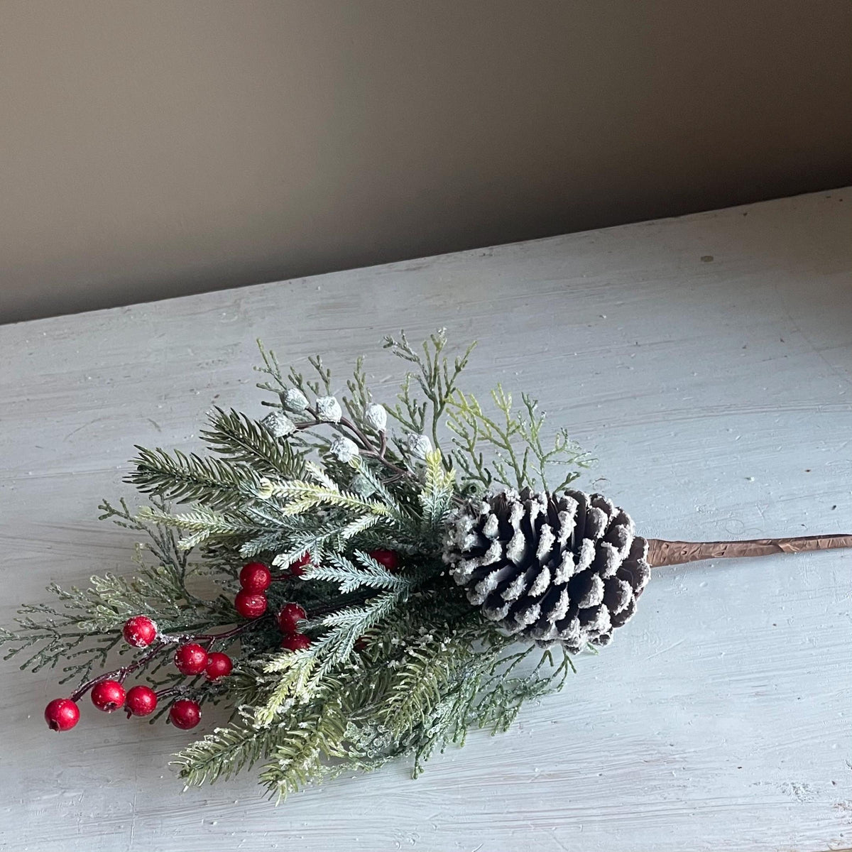 Snow Covered Pine Pick: Red Berries, Christmas Winter Wreath Supply