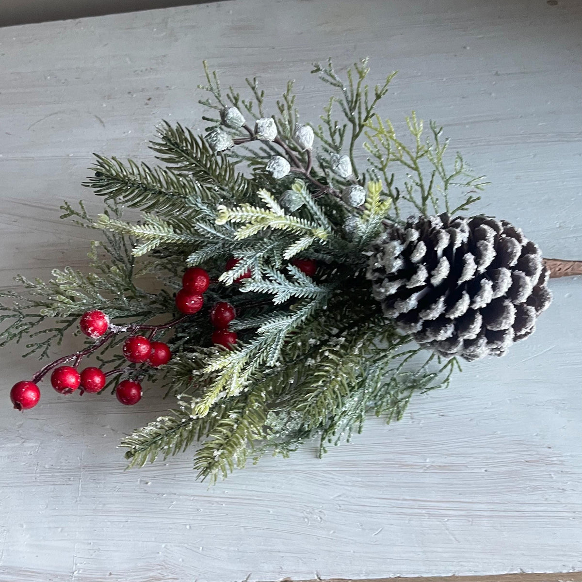 Snow Covered Pine Pick: Red Berries, Christmas Winter Wreath Supply