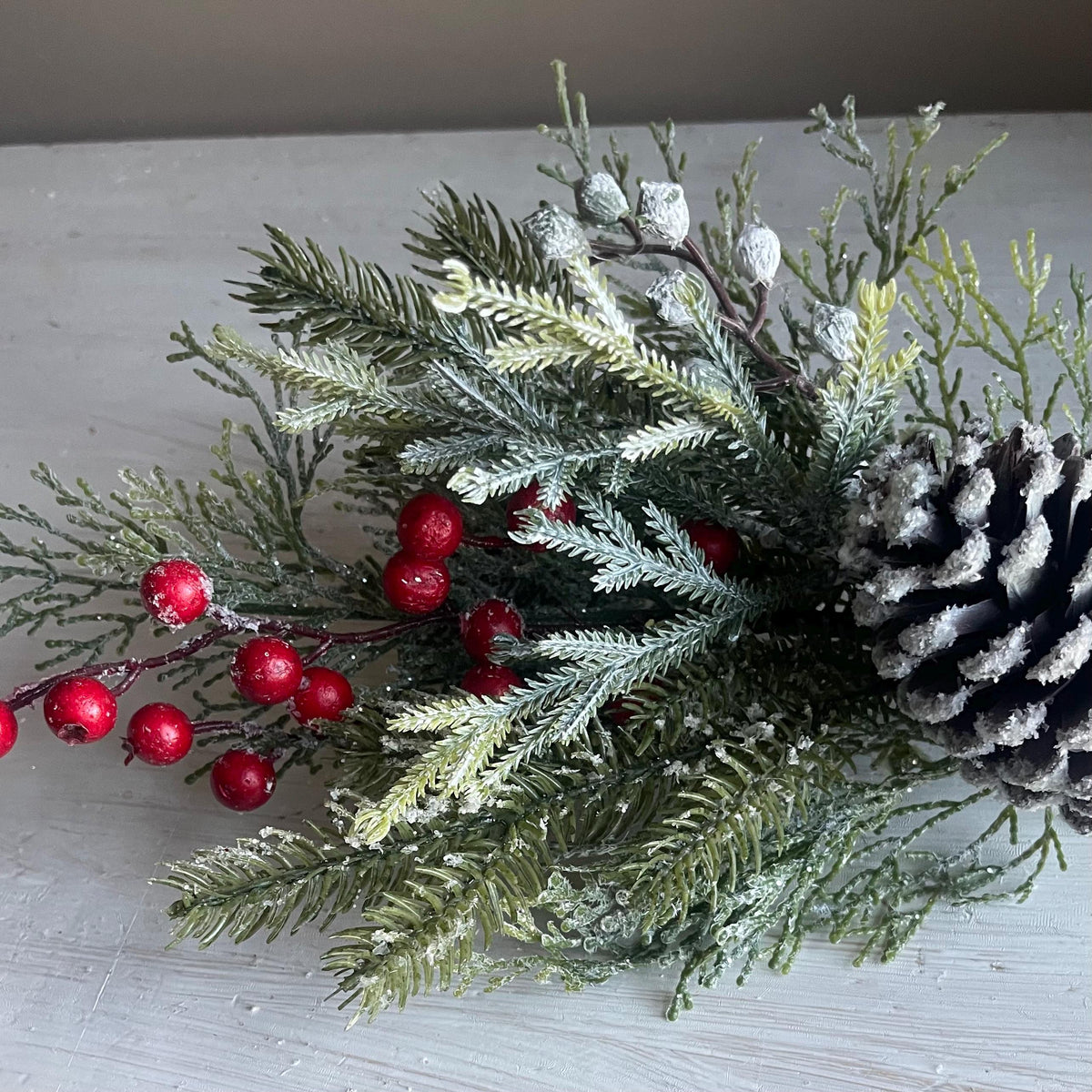 Snow Covered Pine Pick: Red Berries, Christmas Winter Wreath Supply