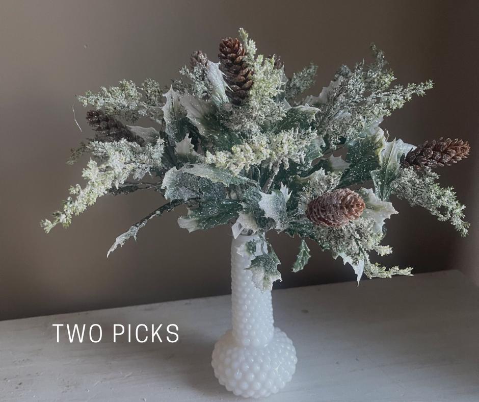 Snow Covered Pine & Holly Pick: 12-inch Christmas Greenery